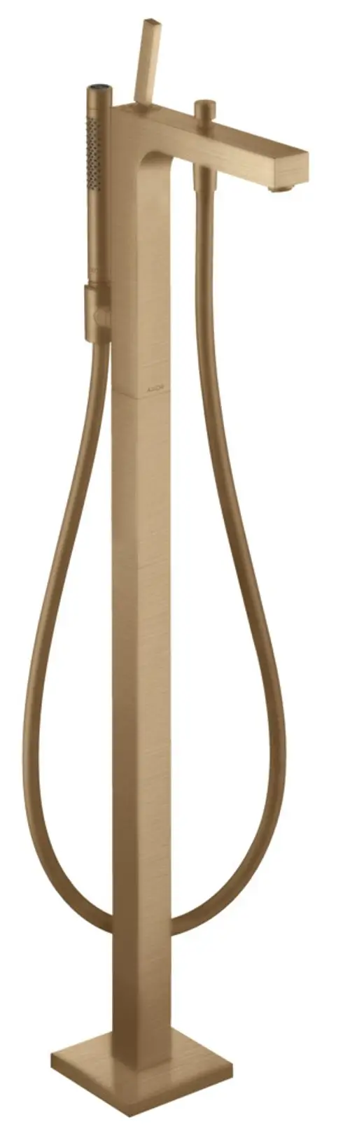 Bodenstehender Einhebel-Wannenmischer in gebürstetem Bronze-Finish von AXOR, mit einem schlanken, rechteckigen Design und einem flexiblen Handbrauseanschluss.